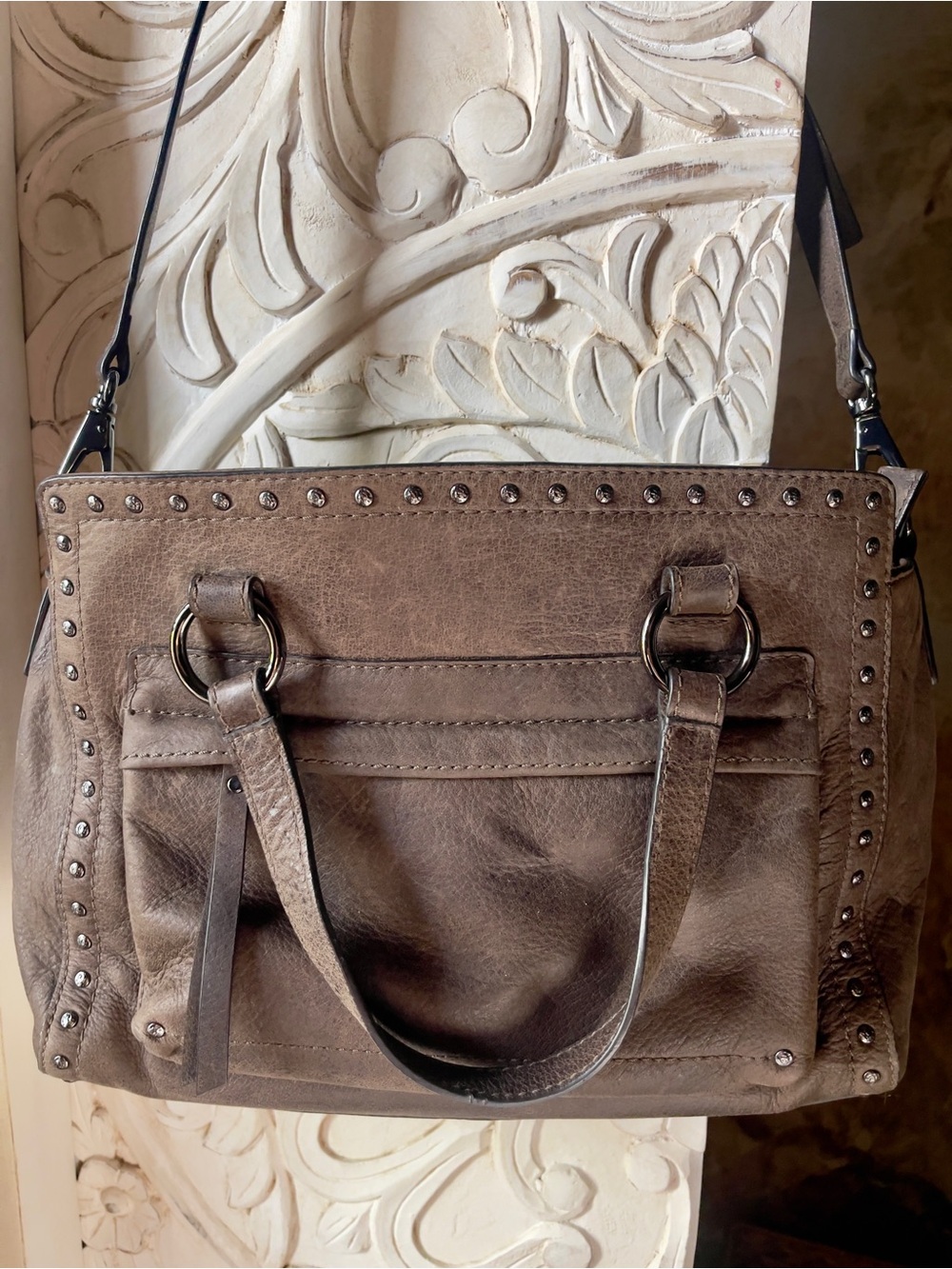 Frye & Co. "Victoria" Leather Stud Satchel Crossbody, top handle handbag